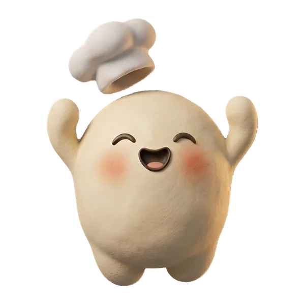 Biga cheering with both arms up, the chef's hat flying off.