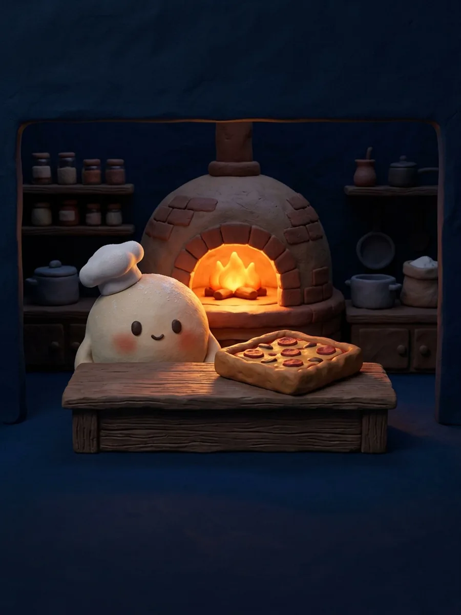 Biga, a little ball of dough wearing a chef's hat, stands in a cosy pizzeria in front of a wood-fired oven, next to a tray pizza.
